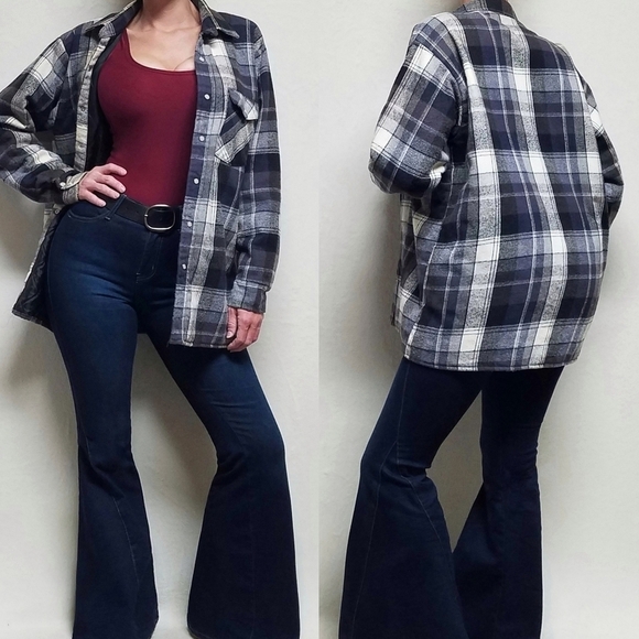60s Vintage Grunge Cotton Periwinkle Plaid Lightweight Quilted Flannel Jacket  L - Picture 1 of 15